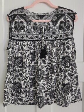 NWT Lucky Brand - Paisley Print Boho Sleeveless Peasant Top (Black/White)